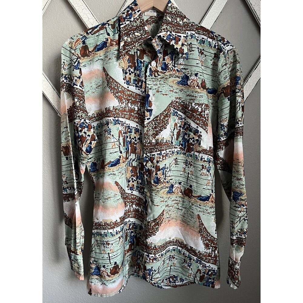 Vintage Young Club Men's 37/38 Boxing Match Pattern Polyester Button Down Shirt